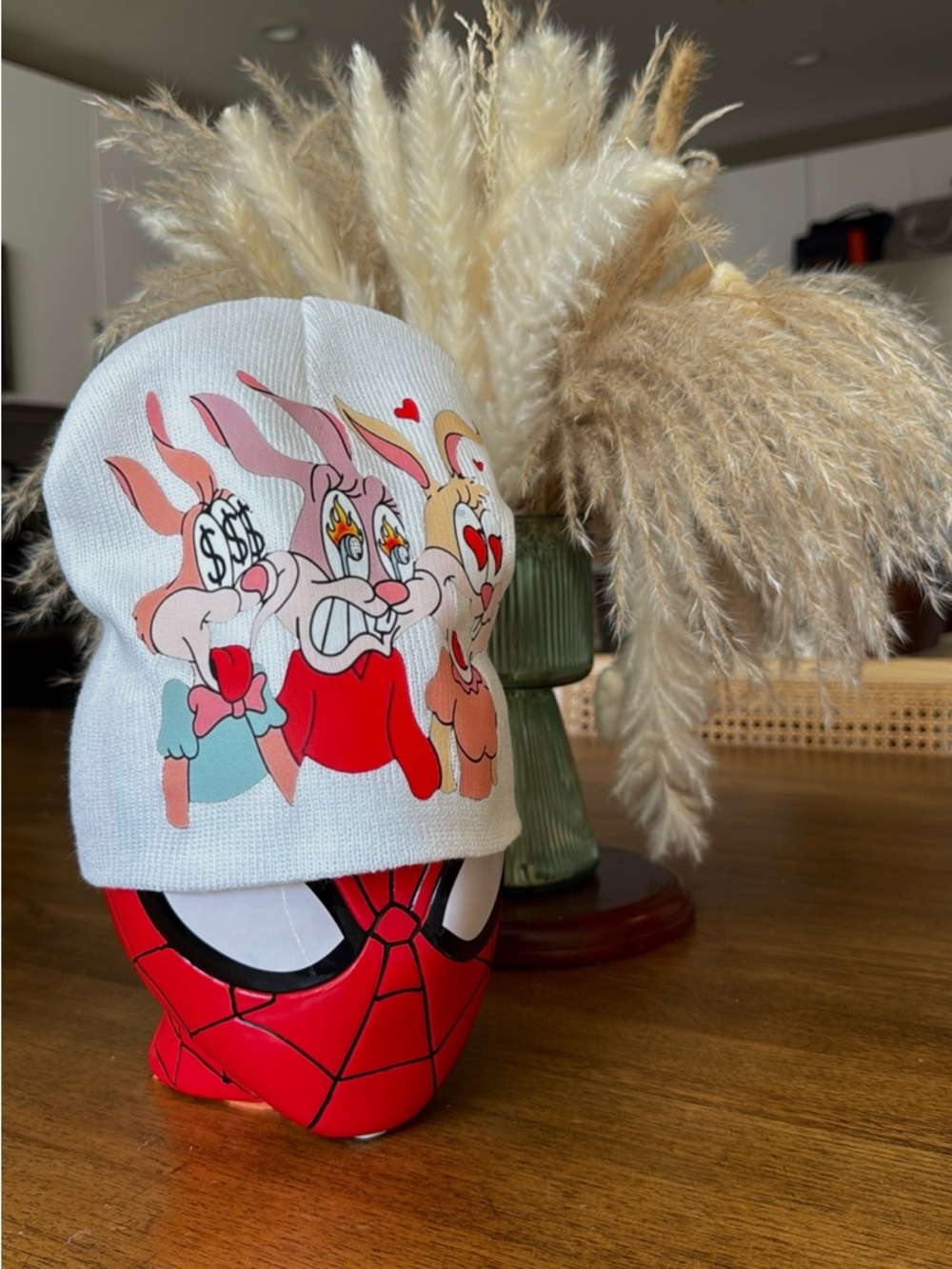White Graphic Bunny Beanie with Red Accents
